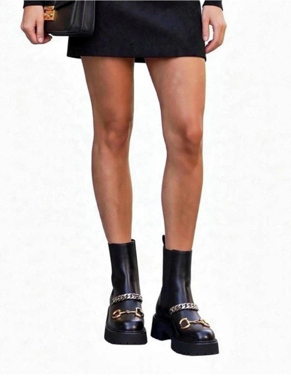 Gucci Flores Calfskin Horsebit Chain Ankle Boots Black
